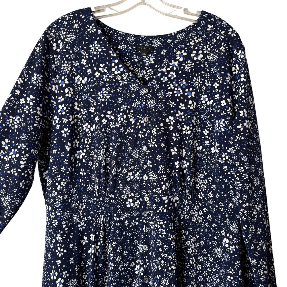Talbots Floral Button Front Fit and Flare Midi Dress in Blue and White XL - Picture 3 of 8